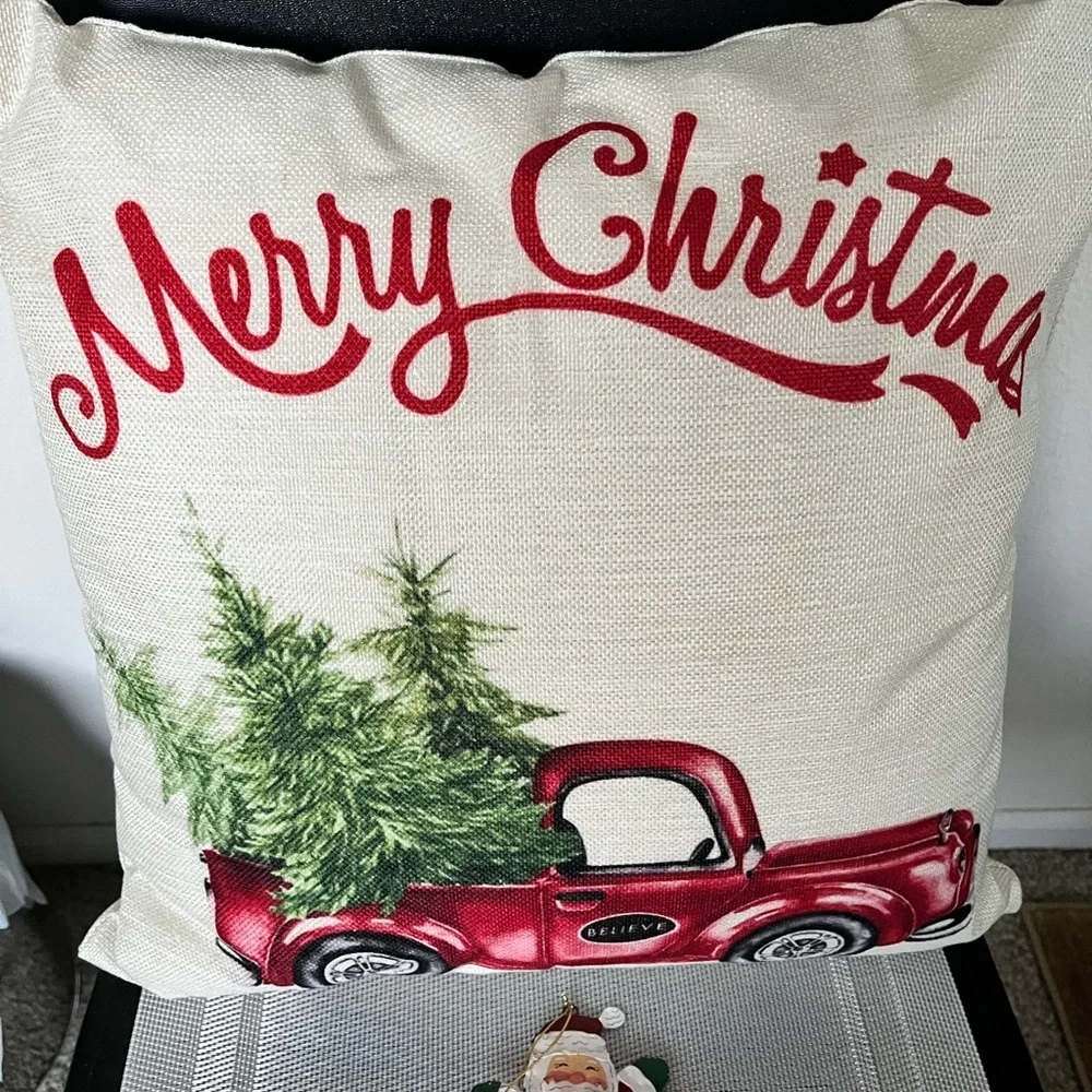 MERRY CHRISTMAS NWOT BURLAP MATERIAL DECOR PILLOW & METAL SANTA CLAUS ORNAMENT